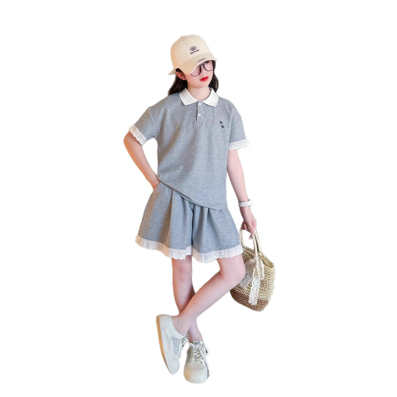 2026 summer Girls set Clothes teenager heart t shirt t-shirt + thin pleated mini skirt 4 5 6 8 10 11 12 year tracksuit cotton
