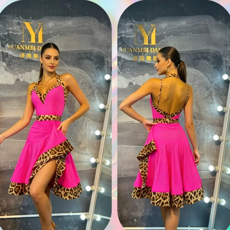 Latin Dance Costume Rhinestone Women's High-end Custom Contrasting Leopard Print Hanging Neck Backless Samba Performance Dress
