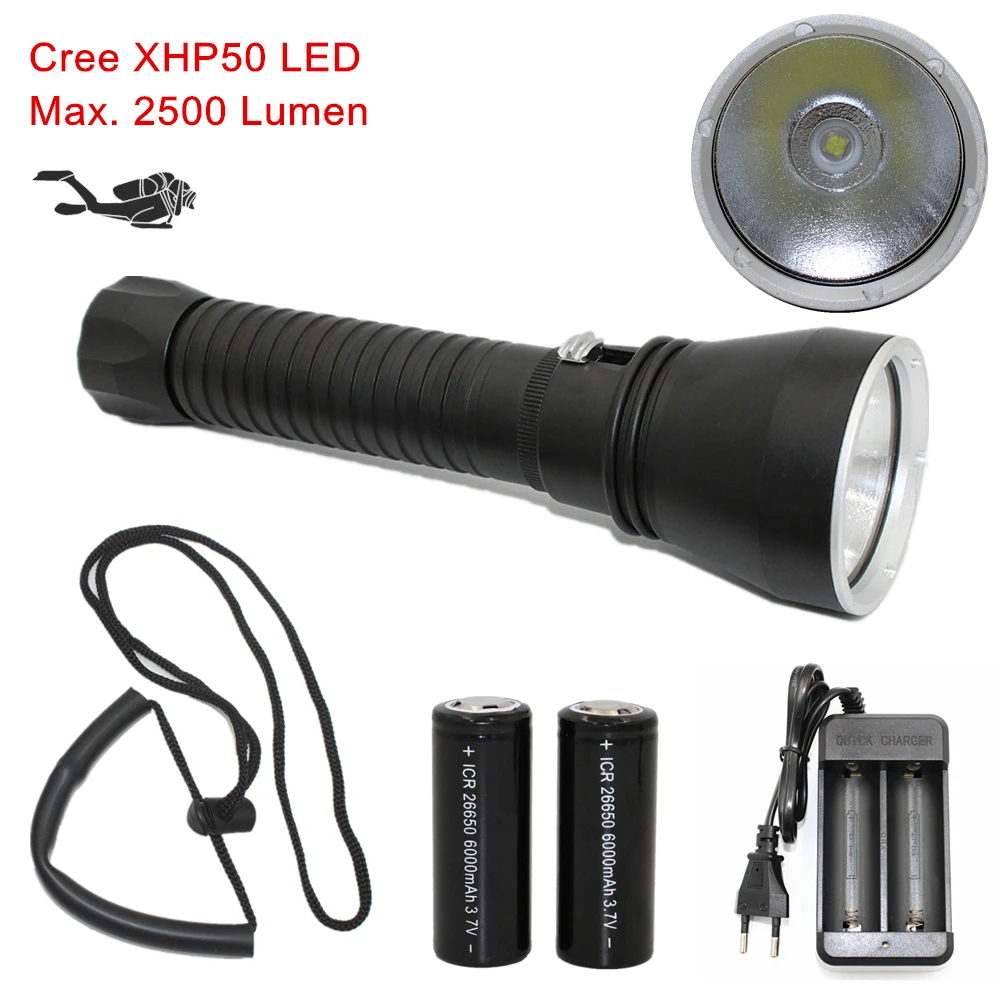 

Diving Flashlight XHP50 LED Dive Light 2500 Lumen High Brightness Scuba Torch Hunting Lanterna + 26650 Battery + Charger