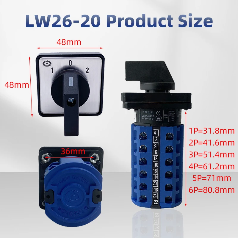 LW26-20A Two/Three Positions 1-6 Poles Cam Operated Rotary Switches Changeovers Silver Contact Selection Power Control