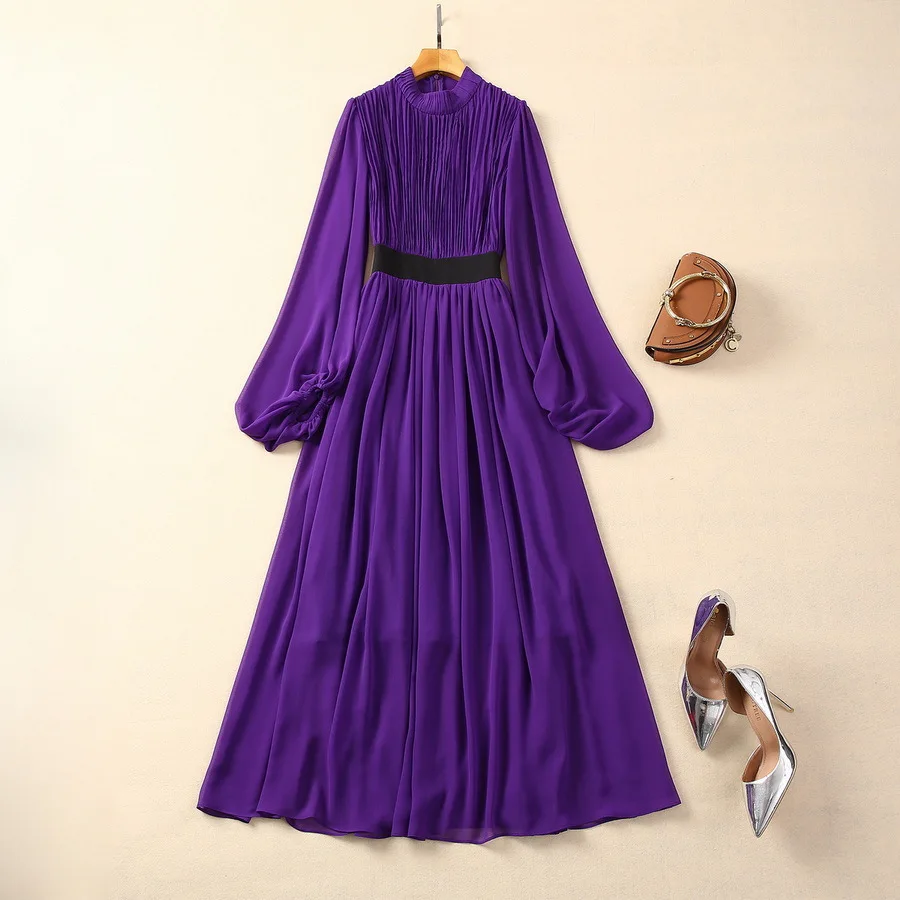 New Fashion Runway Designer Women's Round Neck Long Sleeve Frilly Detachable Belt Blue Vintage Long Dress High Quality