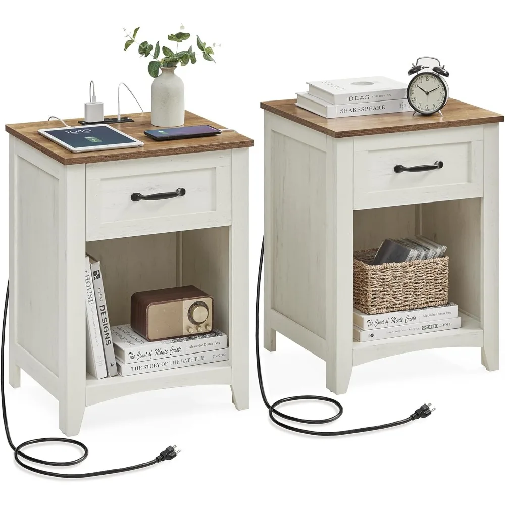 

Farmhouse Nightstands with Charging Station, Set of 2, Bedside Tables with Drawer, Open Compartment, Side Tables with Storage,