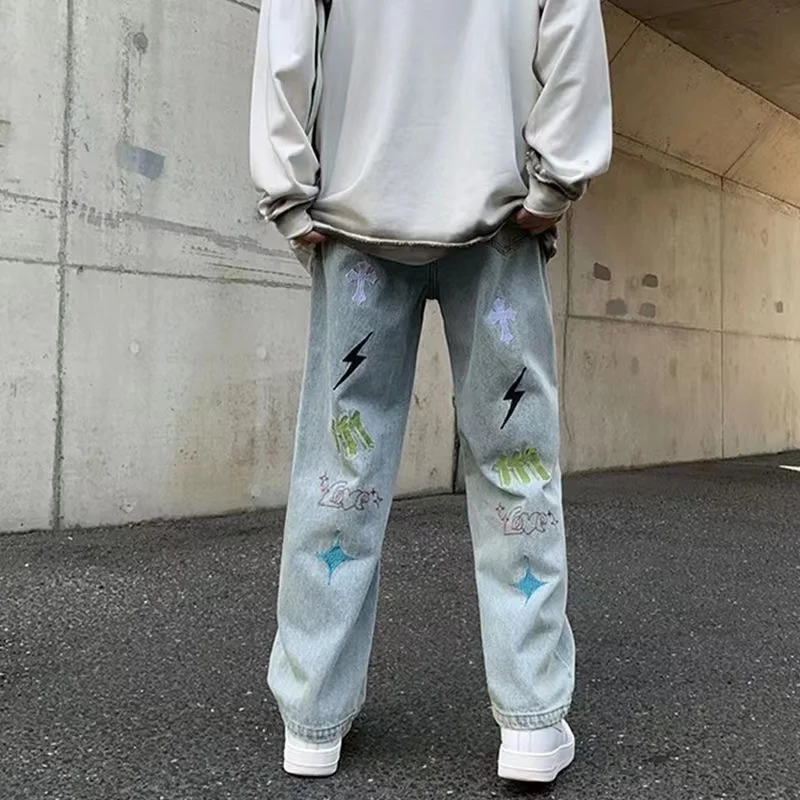 ICCLEK New Jeans Men's Casual Pants Fashionable Loose Straight Leg Wide Leg Pants