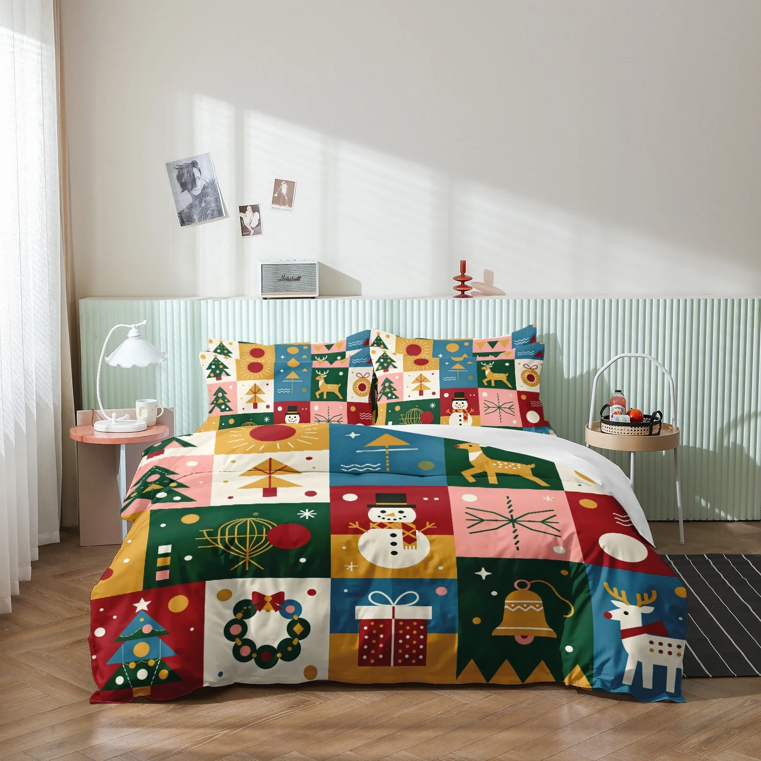 3Pcs Colorful Geometric Block Snowman Reindeer Christmas Tree Wreath Bell Gift Print Duvet Cover Set, Christmas Geometry Bedding
