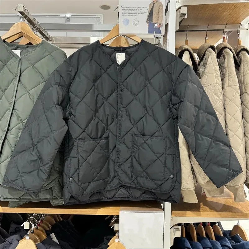 سترة نسائية فضفاضة غير رسمية من القطن الهوائي معطف برقبة دائرية نمط الماس للخريف والشتاء ملابس خارجية نسائية مريحة عصرية