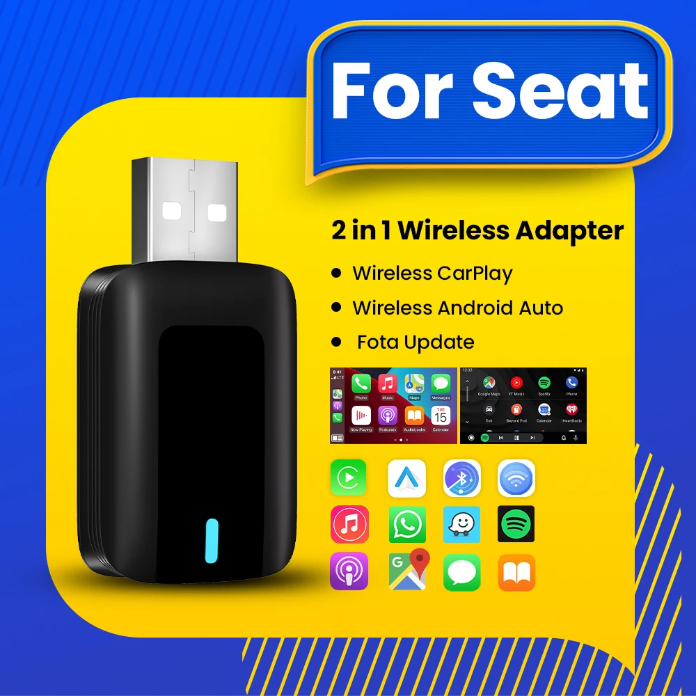 NEW 2in1 Wireless CarPlay Android Auto Adapter Smart Dongle Plug And Play For Seat Alhambra Ibiza Toledo Ateca Arona Tarraco