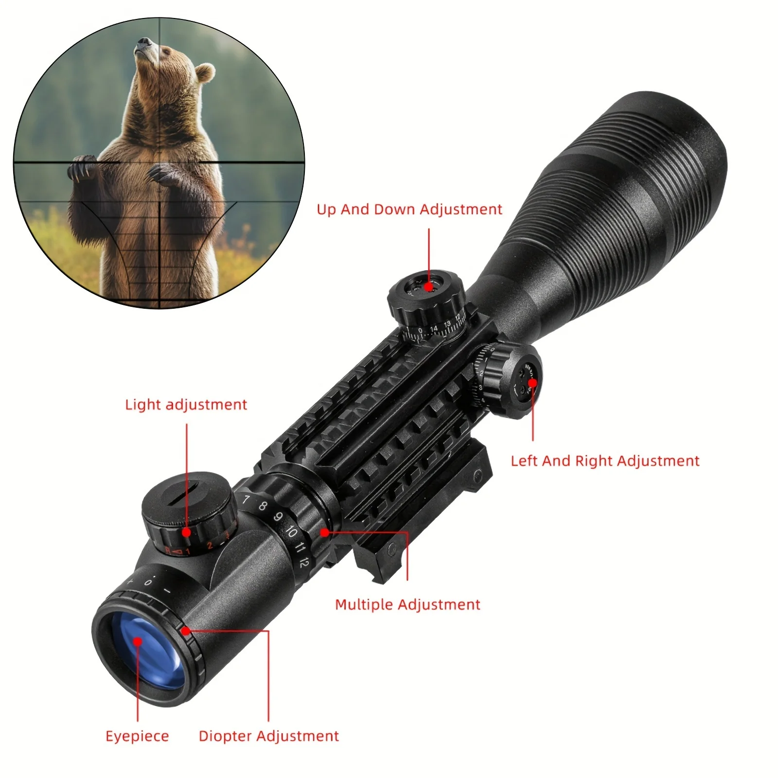 4-12x50 Rifle Scope Red &Green Dot Illuminated Rangefinder Reticle Adjustable Optical Slide-On Scope for Mounting Any 20mm Rifle