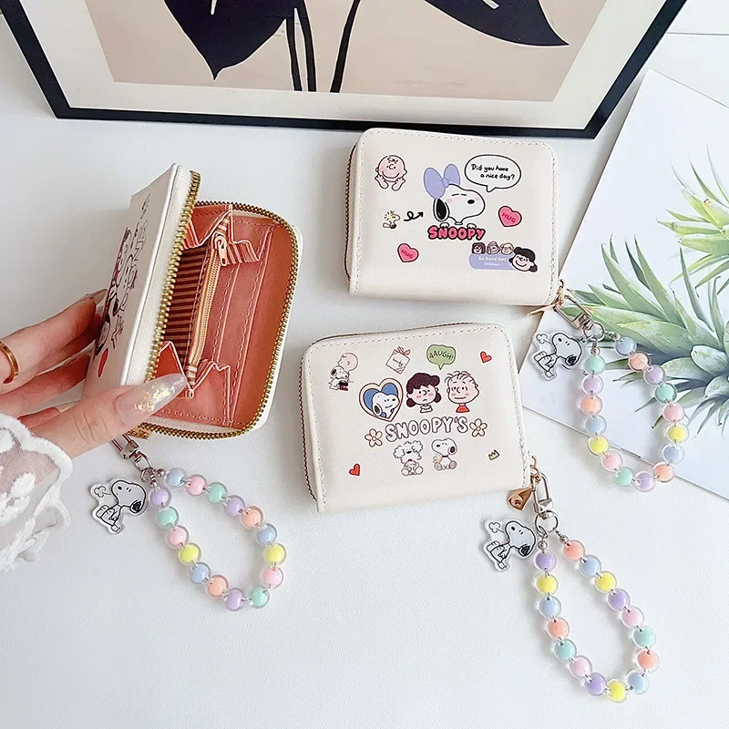 Snoopy Coin Purse Cartoon Anime Card Bag Women Zipper Short Small Purse PU Leather Multi Caro Slot Wallet with Pendant Lanyard