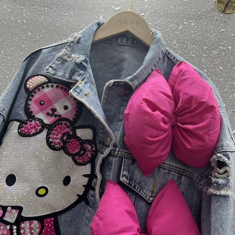 Sanrio Hello Kitty Women's Short Loose Denim Coat New Cartoon Studded Sequin Bowknot Denim Jacket Spring Autumn 2024 Girls Gifts