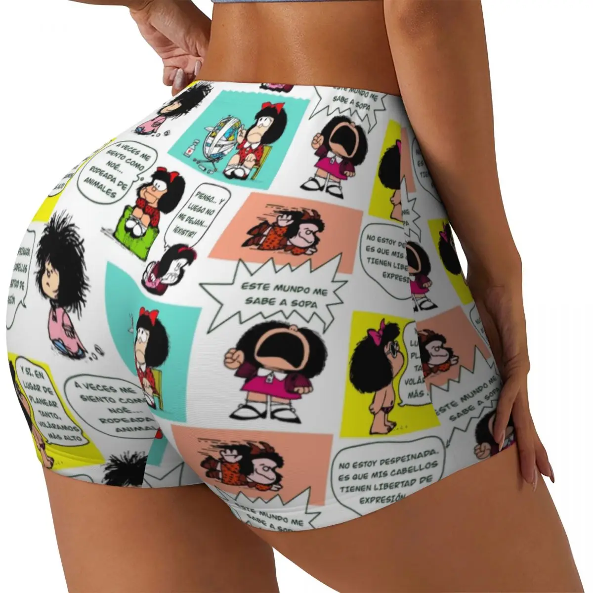 Custom Manga Quino Mafalda Biker Running Gym Shorts Women Kawaii Cartoon Athletic Workout Yoga Shorts