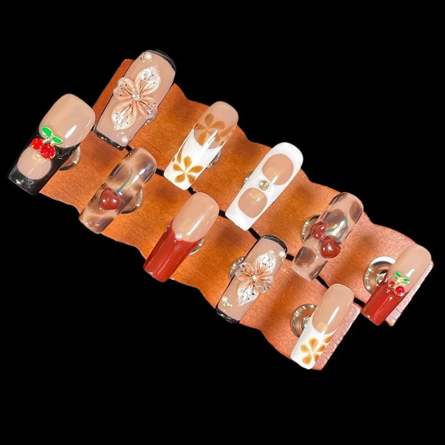 الصحافة اليدوية على الأظافر مربع ثلاثية الأبعاد زهر الكرز الأزهار ليوبارد الفرنسية الأظافر وهمية مع تصميم قابلة لإعادة الاستخدام الاكريليك الأظافر كاذبة ل