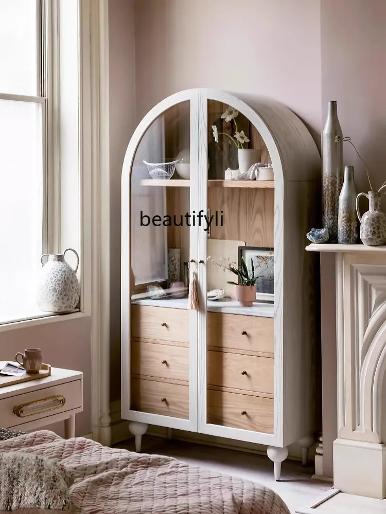 Custom French Style Solid Wood Arch Wine Cabinet American Retro Side Cabinet Nordic Glass Cabinet Modern Double Door Bookcase