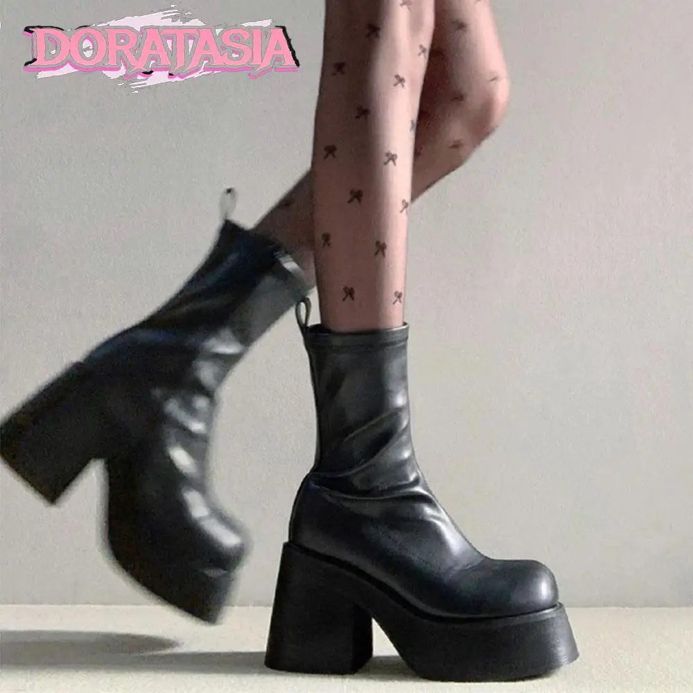 DoraTasia 2023 Fashion Punk High Heeled Women Ankle Boots Goth Zipper Simple Platform Modern Comfy Casual Designer Female Boots