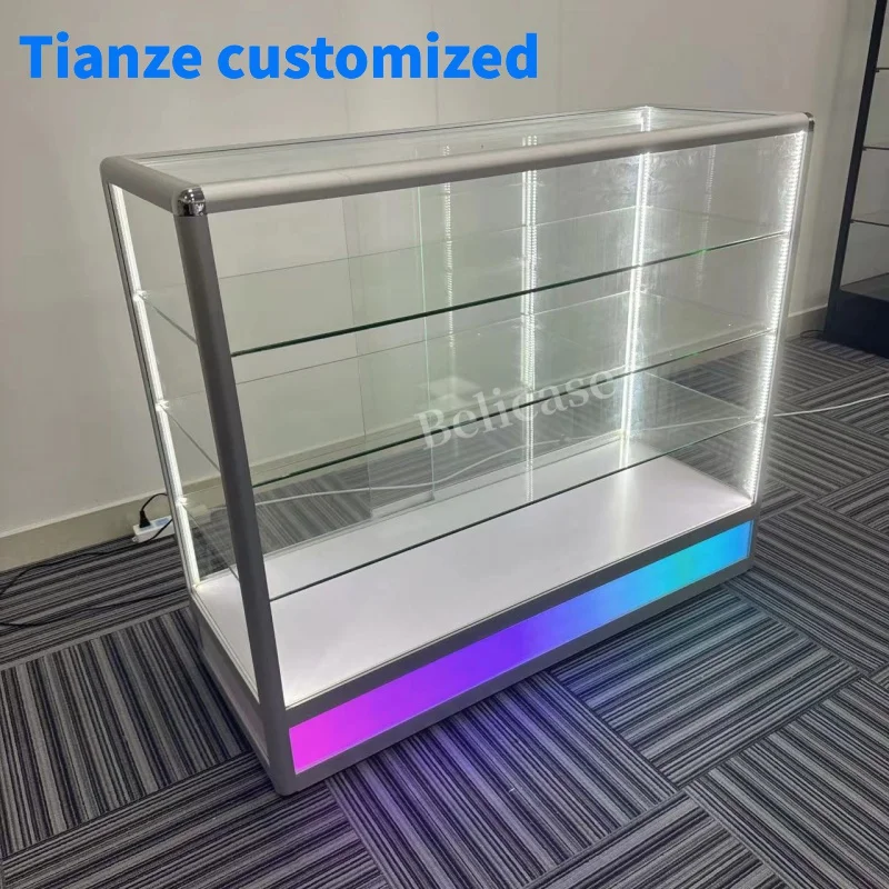 

（customized）Aluminum Frame Multi-tier Floor Display Retail Store Glass Counter with Colored RGB Light Smoke Shop Glass Show