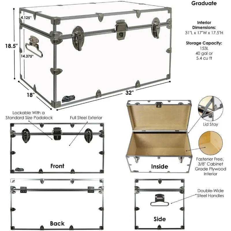 XL Graduate Storage Trunk W/Tray - Made in The USA - STEEL Footlocker for College Dorm Room & Summer Camp