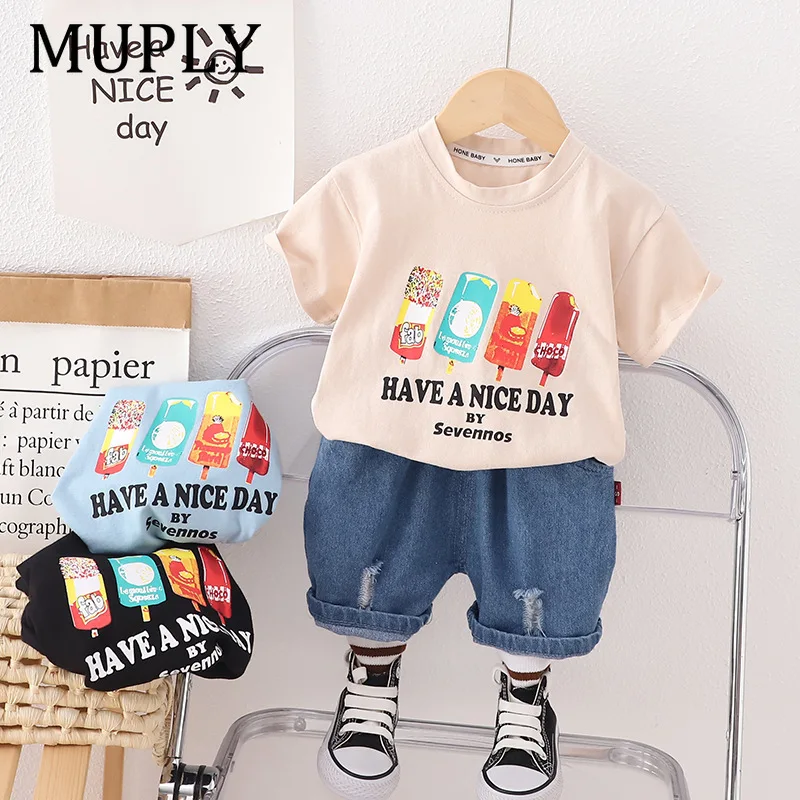 Cute Boys Summer Outfit Short Sleeve English Letter Pattern Cotton Set Soft And Comfortable Breathable for Active Kids
