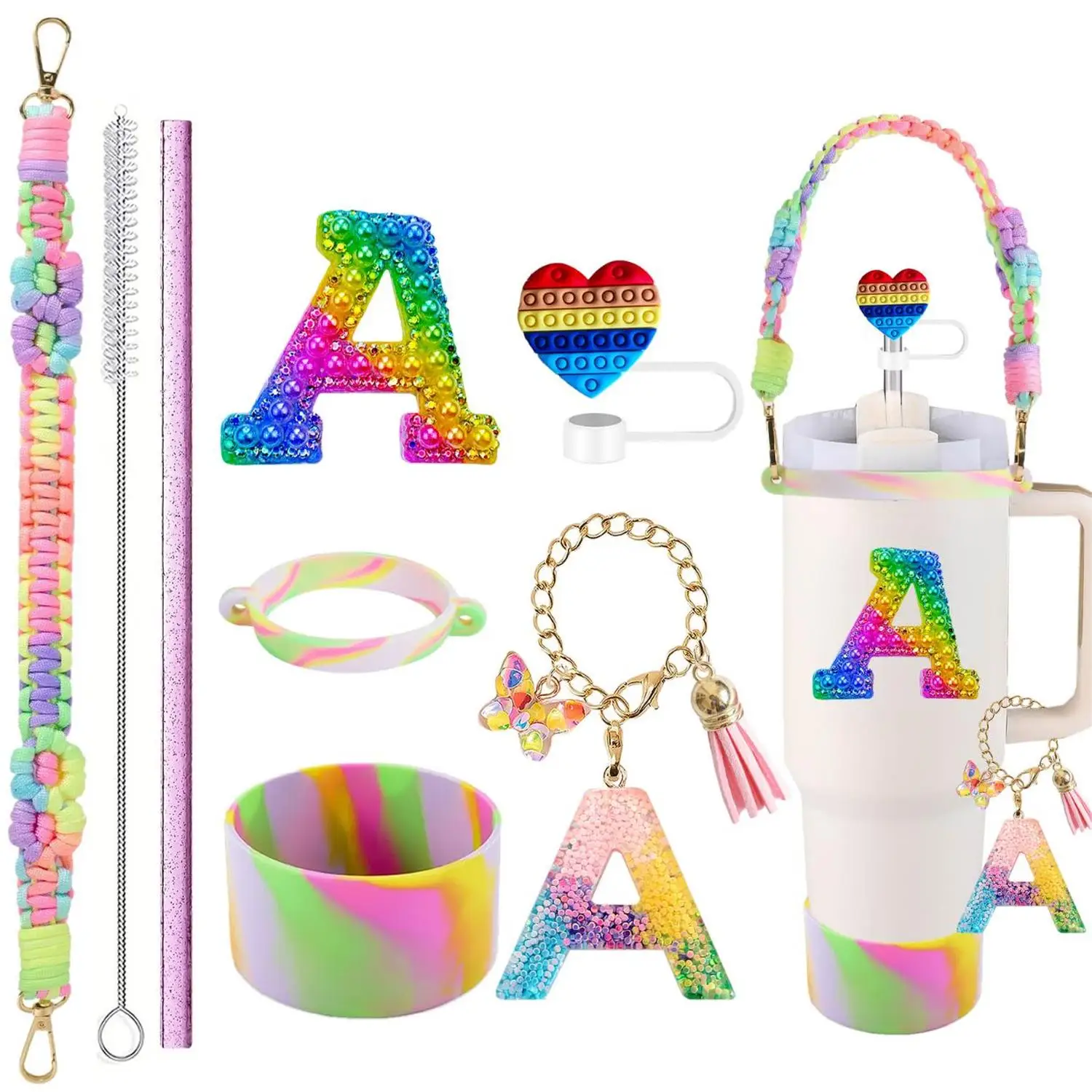 Colorful Woven Hand Strap Straw Brush Topper Keychain Butterfly Letter Ornament for Stanley Cup Decorative Accessory