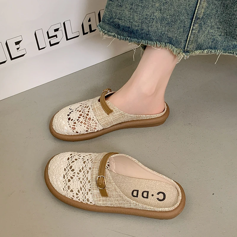 

Shoes for Women 2025 New Breathable Flax Outdoor Women's Slippers Fashion Flat with Baotou Hollow Out Solid Modern Slippers