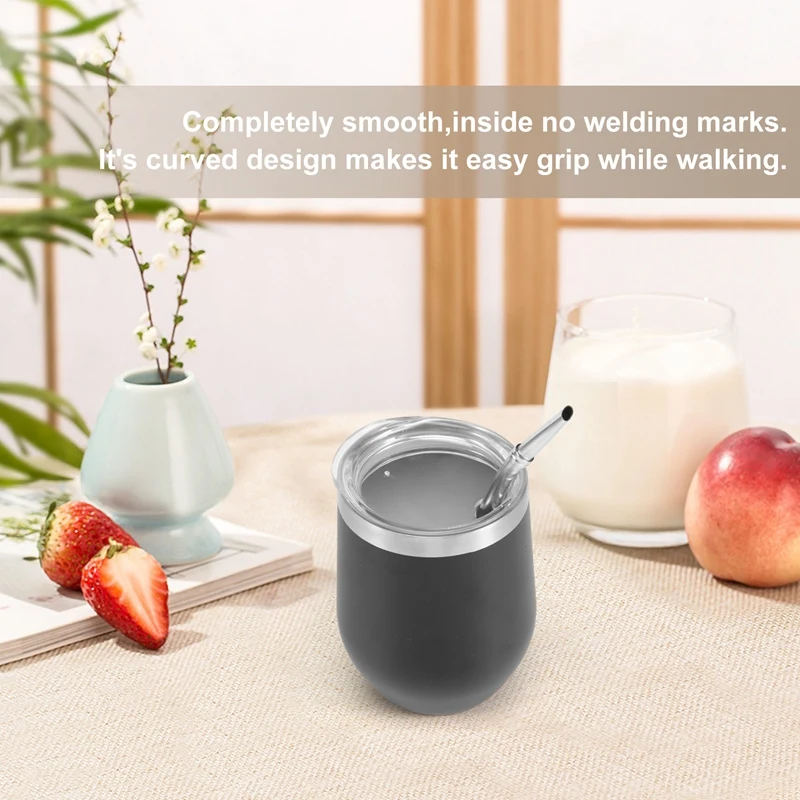 Copo de chá de aço inoxidável de parede dupla com tampa, colher, palha, bombilla, escova do filtro principal