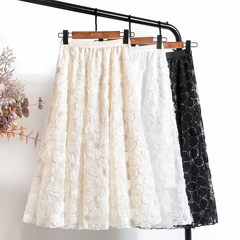 

Lace Tulle Skirts 2024 New Spring A-Line Floral Embroidery Beading Shiny Sequins Mesh Tutu Skirt for Women Faldas Mujer Moda C16