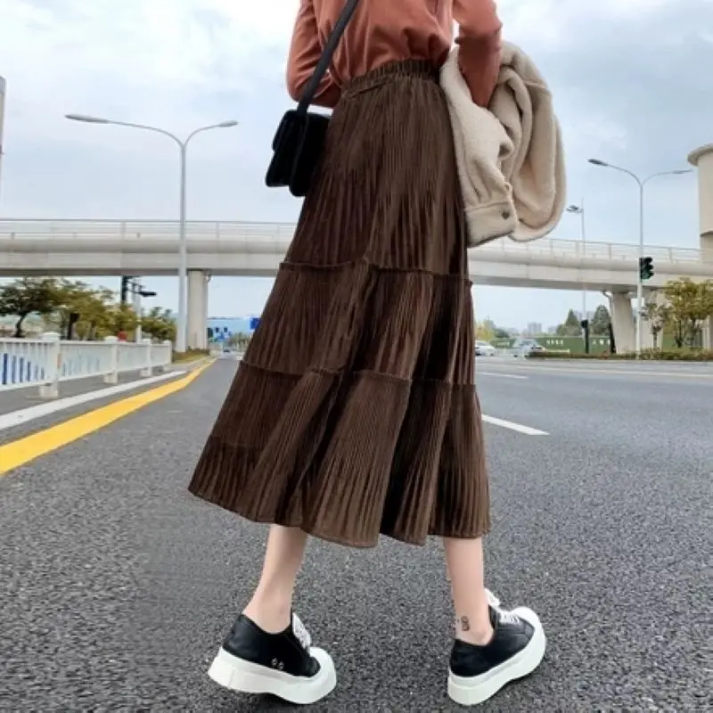 2023 Autumn Winter New Solid Color Elastic Waist Pleated Patchwork A-line Skirt Women Casual Vintage Elegant Female Clothing