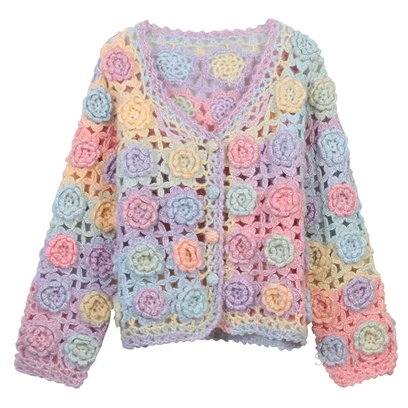 Hand Crochet Cardigan Sweater for Women, Sweet Rainbow, Gradient Floral, Hollow Out, Designer Sweater Jacket, Tops, High Quality