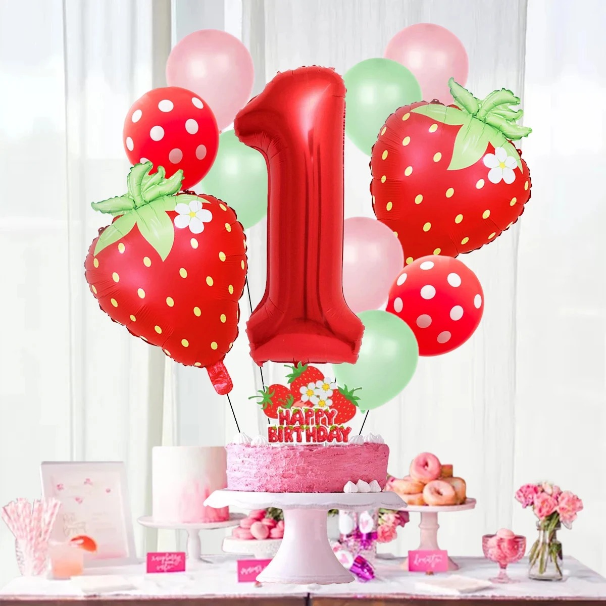 13-teiliges Erdbeer-Ballon-Set mit Aluminiumfolienballons und Latexballons mit Polka-Dot-Muster für Geburtstagsfeiern und Jubiläumsdekorationen – Detail 4