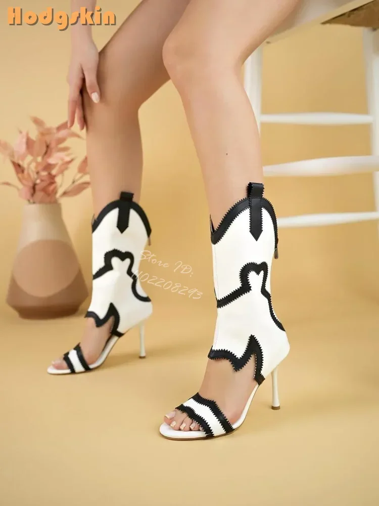 Patchwork Western Boots Retro Round Open Toe Sewing High Heels Sandals Back Zipper 2025 Summer New Women Fashion Stiletto Shoes