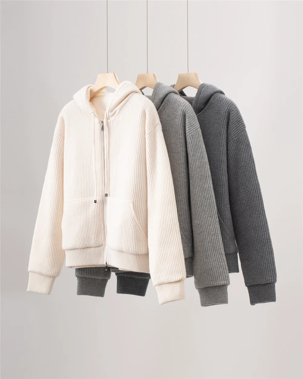 

Autumn And Winter New Hooded Zipper Wool Cashmere Blended Knitted Cardigan Women's Coat