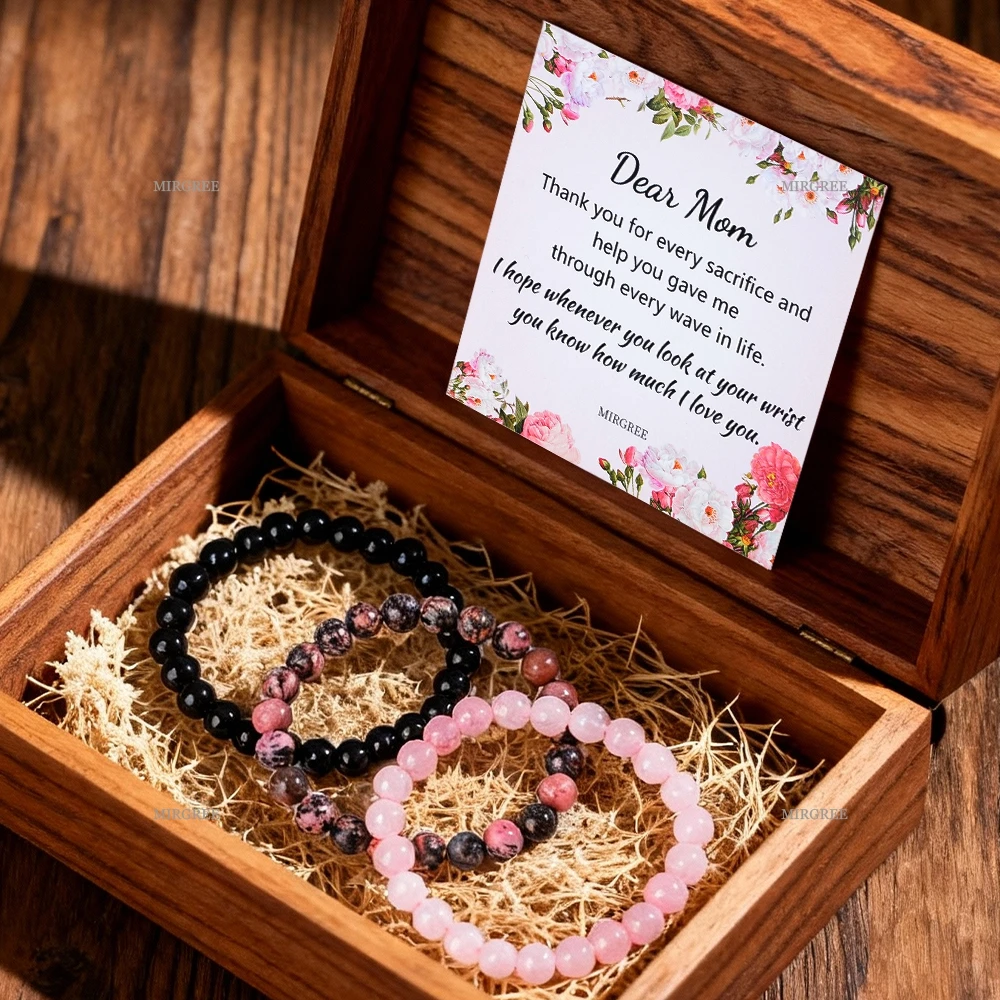 3-teiliges Naturstein-Perlenarmband, rosa Kristall + Achat, Muttertag/Geburtstagsgeschenk für Mama, wird mit Karte geliefert
