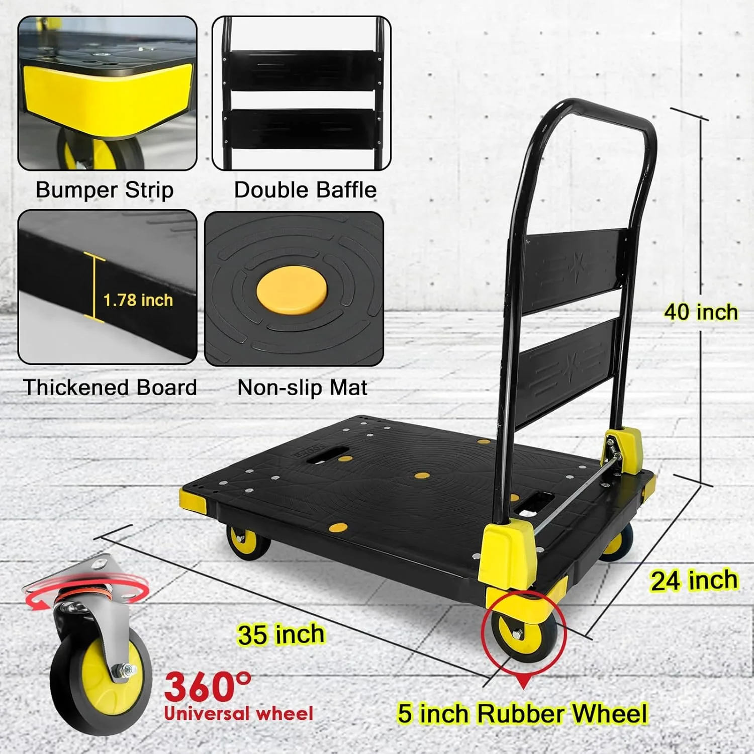 Platform Truck Cart 1000LBS Chinco Star Folding Push Cart Dolly Portable Moving Dolly Cart with 360° Swivel 5'' Wheels