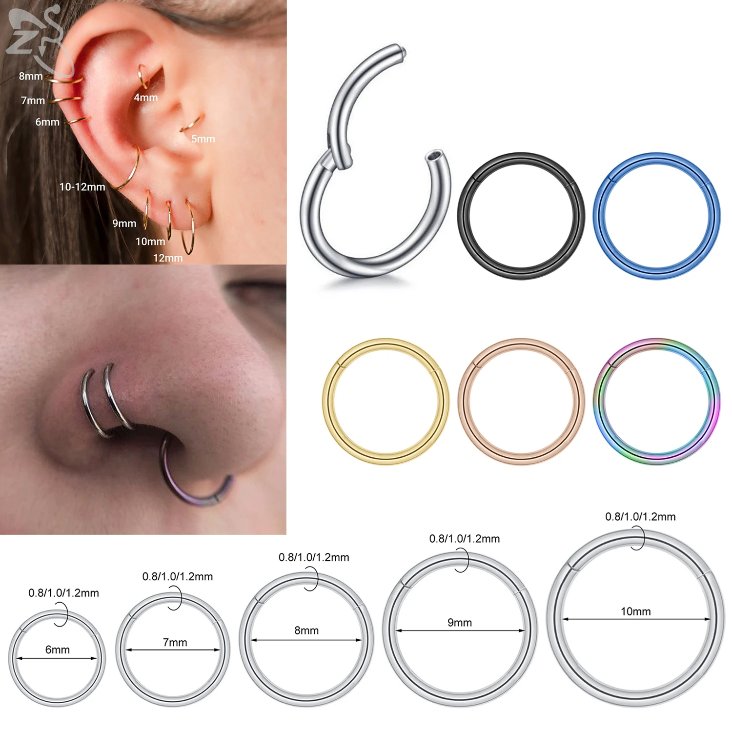 ZS 1-2pc/lot Colorful 316L Stainless Steel Hoop Nose Ring Men 20/18/16G Septum Rings Cartilage Tragus Helix Rook Piercing 6-10MM