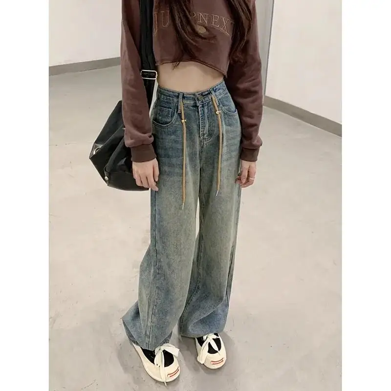 Straight Jeans for Women Summer Retro Denim High Waist Jean Drawstring Casual Loose Wide Leg Full Pants