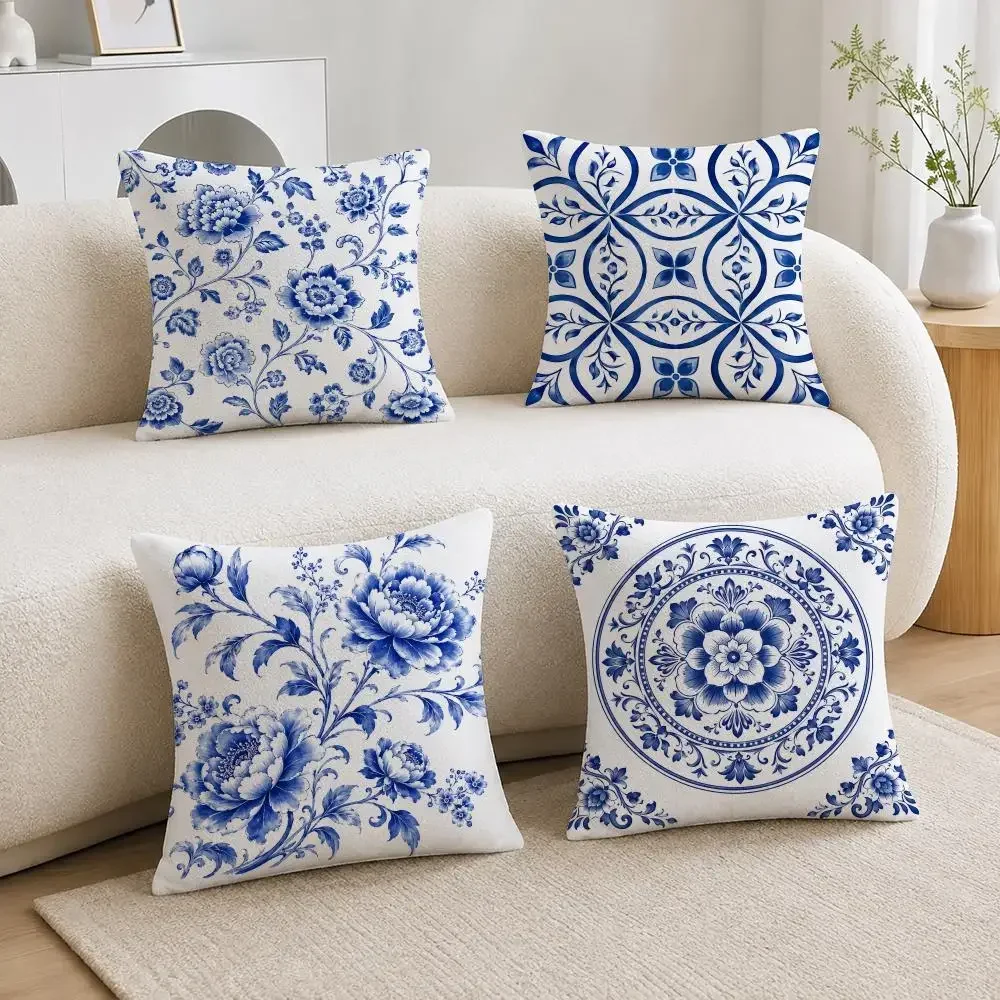 Pattern Traditional Blue and White Porcelain Cushion Cover Soft Plush Fluffy Throw Pillow Cases for Sofa Bedroom Home Decor