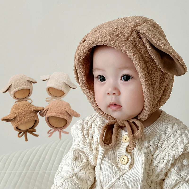 

Милый кролик, детский плюшевый головной убор, зимняя теплая детская защитная шапка для ушей, От 0 до 1 года, детские наушники, шапки из мультяшного флиса ягненка