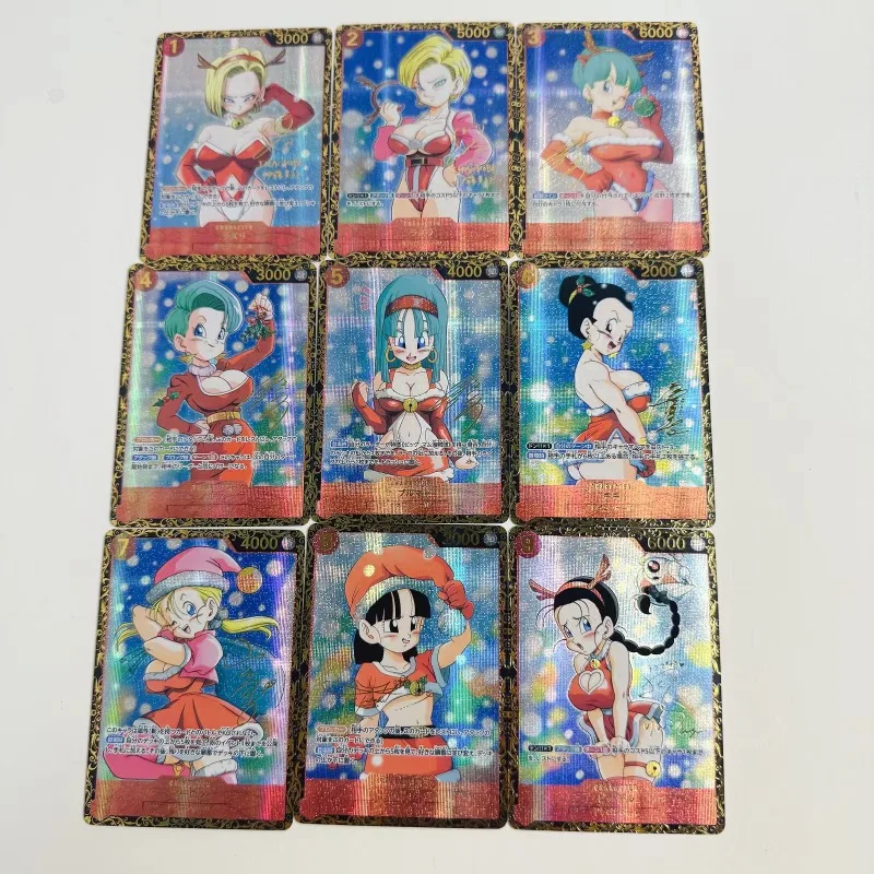 9pcs/set Dragon Ball Christmas Bulla Android 18 Chichi self made Refraction flash card Anime Classics Game Collection Cards Toy