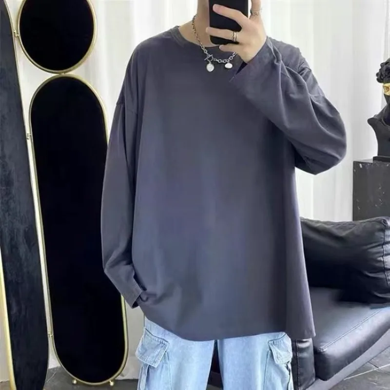 قميص رجالي بلون سادة للربيع والخريف بأكمام طويلة تي شيرت ياباني