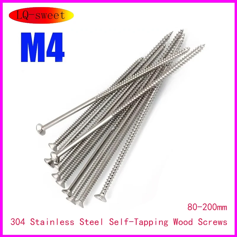 

304 Stainless Steel Self-Tapping Wood Screws M4 Flat Head Cross Recessed for Woodworking 80-200mm