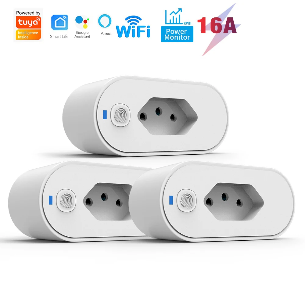 Home Automation Smart Socket Tuya WiFi Plug 16A Brazil Standard Smartlife App Remote Control Compatible Google Home and Alexa