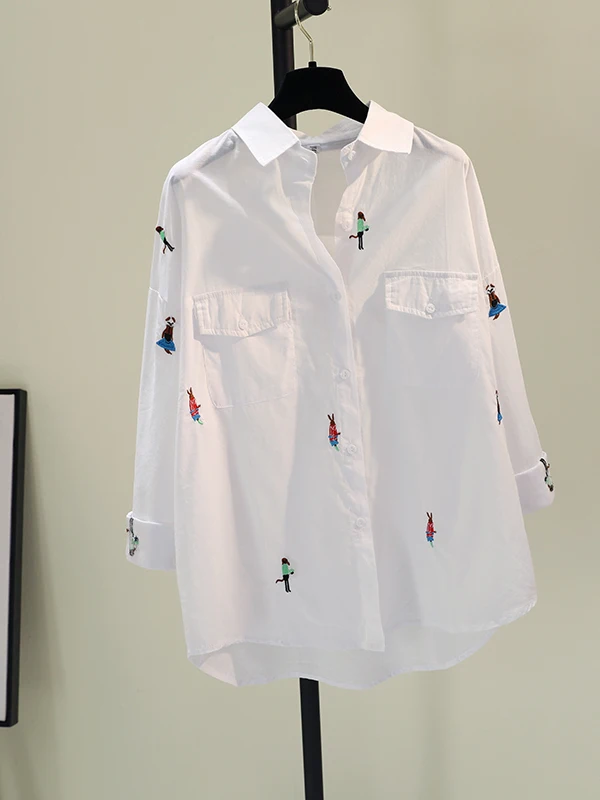 트렌디한 자수 만화 캐릭터 면 린넨 여성용 루즈 캐주얼 화이트 셔츠 한국 스타일 예술적 봄 가을 신상품