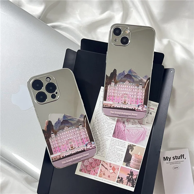 Coreano INS Creative Mirror Back Budapest Hotel custodia per telefono moderna per iPhone 15 14 13 Pro Max Cover posteriore per 12 Pro Funda