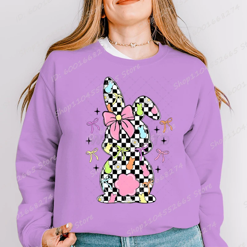 Cute Bunny & Bow Graphic Print Sweatshirts For Women Happy Easter Sweatshirt Casual Long Sleeve Pullovers Crew Neck Tops