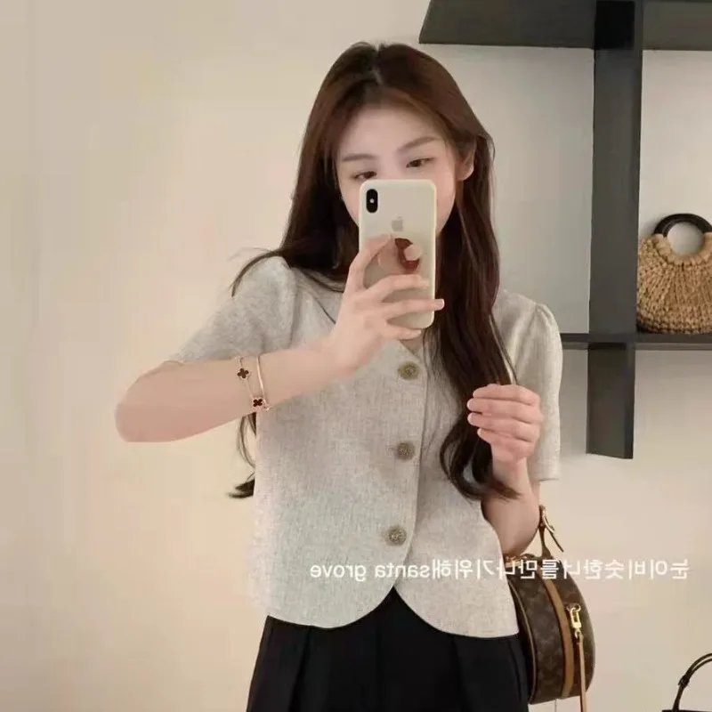 

Blouse Women's Summer Korean Style Elegant Lightweight Short Sleeve Outerwear Cropped Single-Breasted Blazer Trendy New Casual