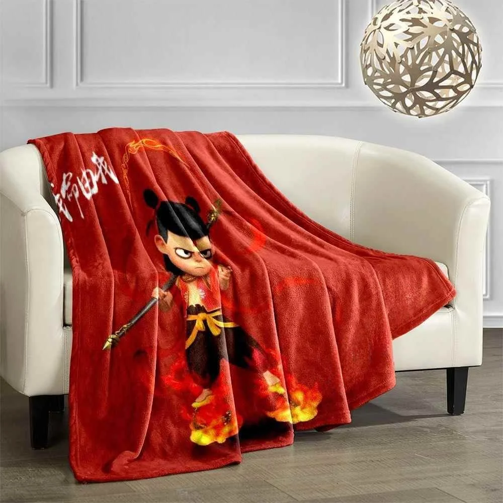 Multifunctional Flannel Blanket NaZha Series Cartoon Animation Polyester Fiber 100% Air Conditioning Naptime Camping