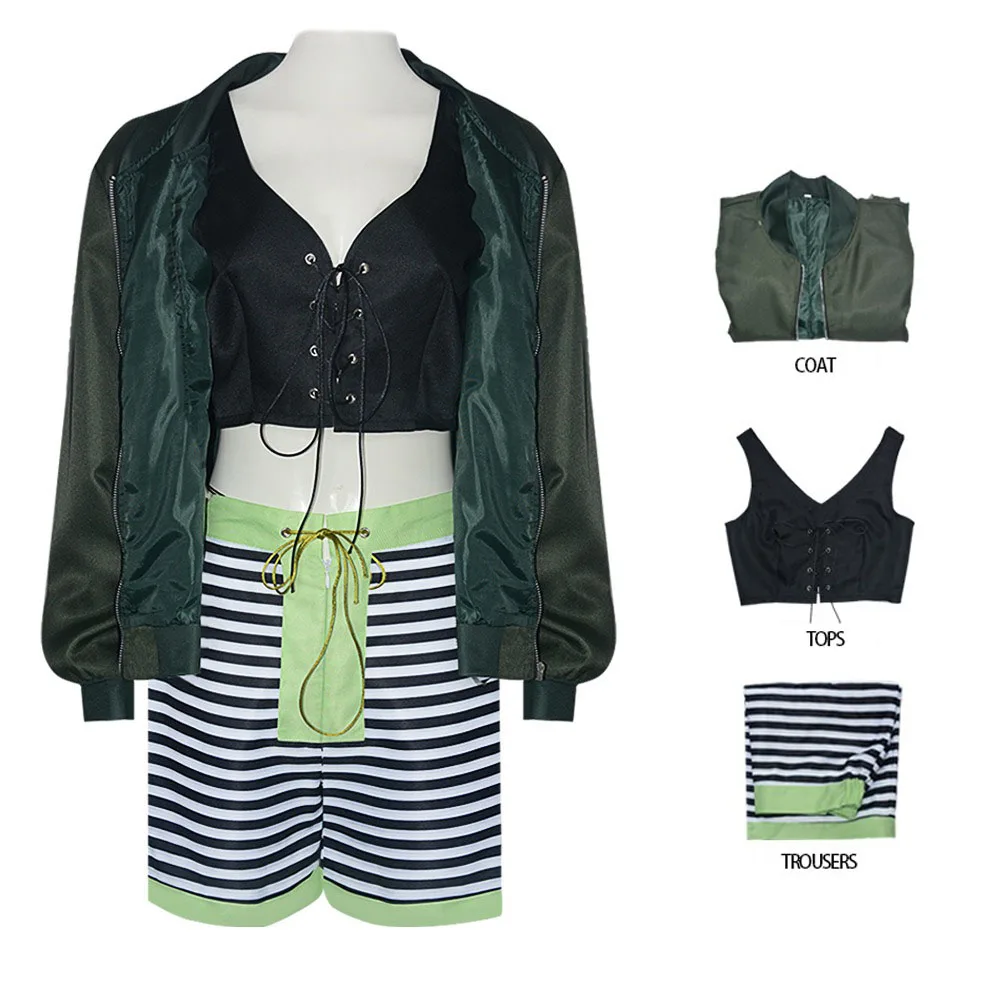 Movie Leon Mathilda Cosplay Costume Green Coat Tops Striped Shorts Full Set Mathilda Role Play Suit Halloween Carnival Party