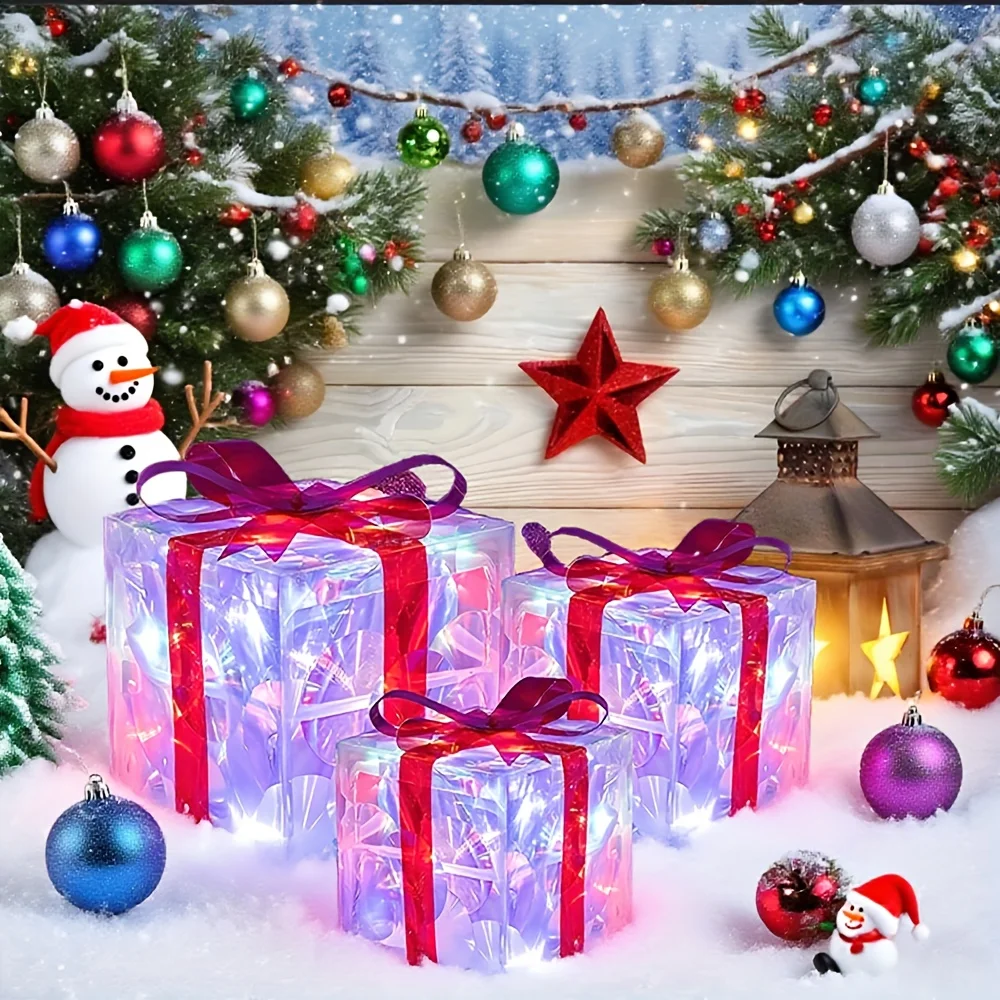مجموعة هدايا ديكور العطلة الجديدة مكونة من 3 قطع لعام 2025 مع تأثيرات ضوئية ملونة، تعمل ببطارية AA (3 بطاريات غير متضمنة)