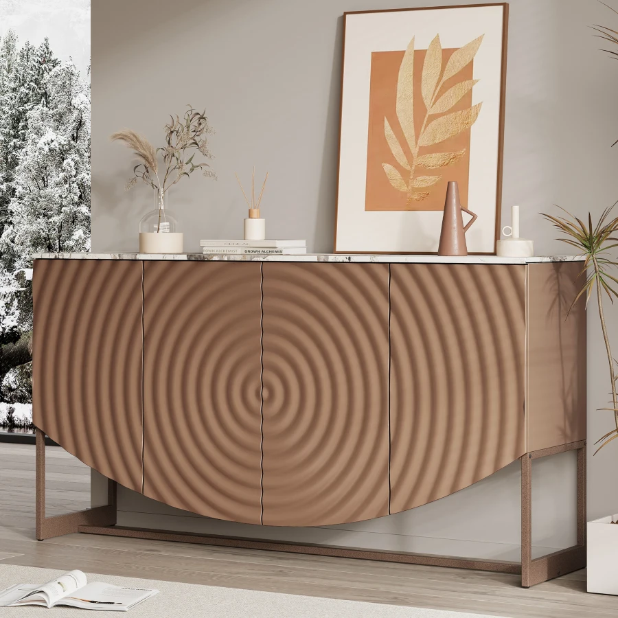 Unique 3 D wave texture sideboard, marble-like sticker counter top, modern luxury style, multi-functional living room and dinin