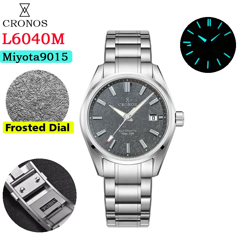 Cronos Herenhorloge 39mm Automatisch Miyota 9015 uurwerk Polshorloges Witte wijzerplaat Berkenpatroon Massieve schakels Saffier 10 ATM L6040M