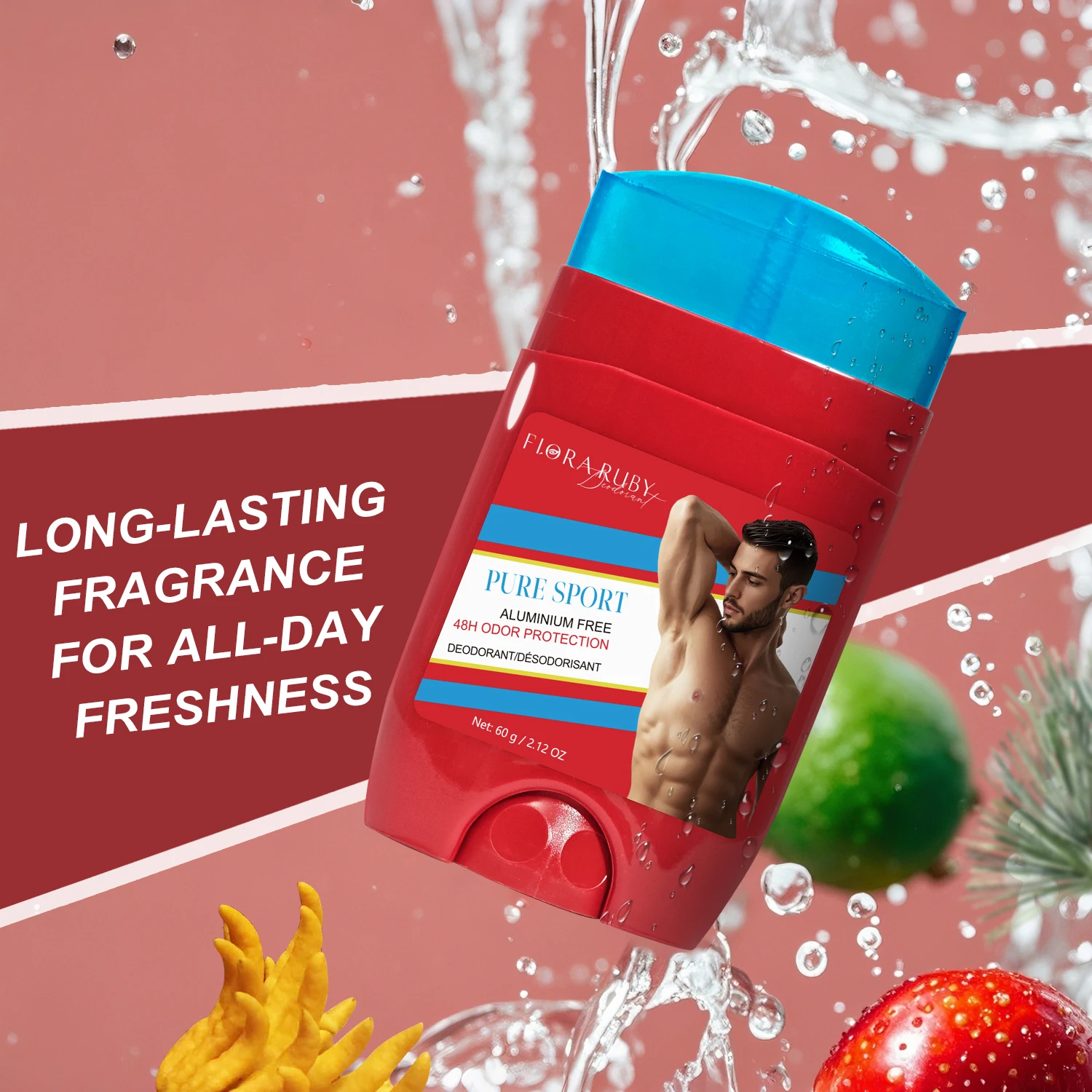 FLORA RUBY 60g/2.1oz deodoran wangi, stik deodoran kuat 48 jam, krim, menyegarkan dan melembapkan 48 jam