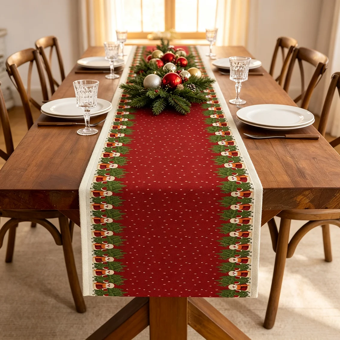 1Pc Snowman Christmas Tree Print Linen‑Textured Table Runner, Farmhouse Festive Style, Xmas Holiday Table Decor for Home Party